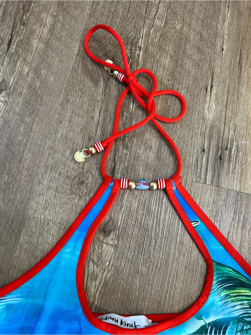 Kulani Kinis Blue Tropical Halter Mini Dress with Red Trim - Picture 3 of 7